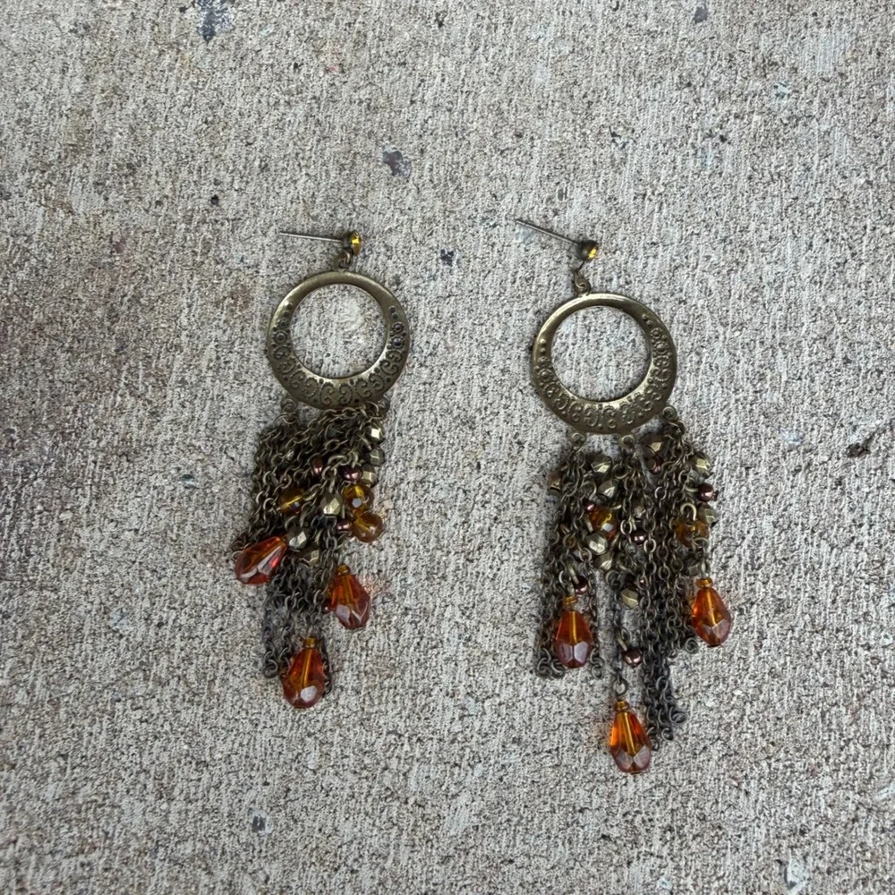 Boho Amber Chandelier Earrings‎ Antique Gold Tone Filigree Dangle Beade